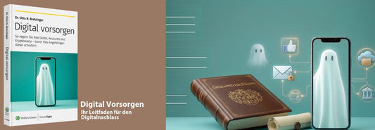 Digital vorsorgen: Originalbanner mit Ratgebercover und Motiv zum digitalen Nachlass