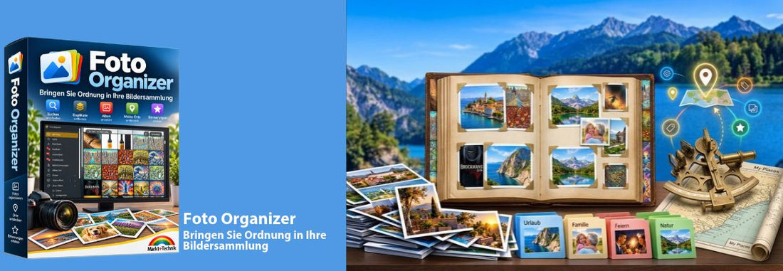 Foto Organizer: Banner mit Produktverpackung, Fotoalbum und Reisemotiven