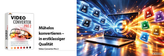 VideoConverter PRO 2: Originalbanner mit Produktcover und Laptopmotiv