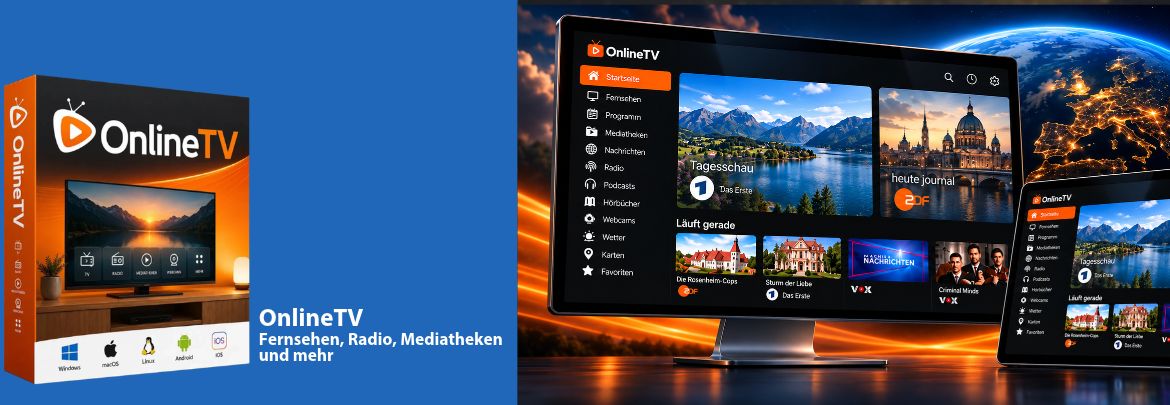 OnlineTV-Banner mit Produktverpackung und Medienübersicht