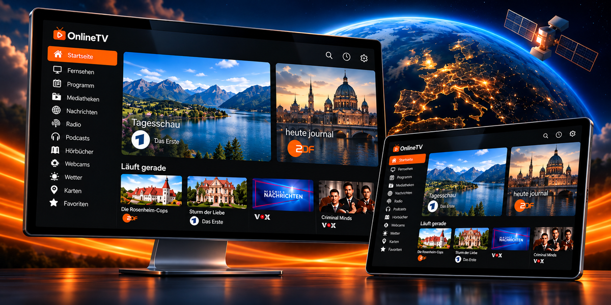 OnlineTV-Produktgrafik mit Medienübersicht auf Monitor und Tablet