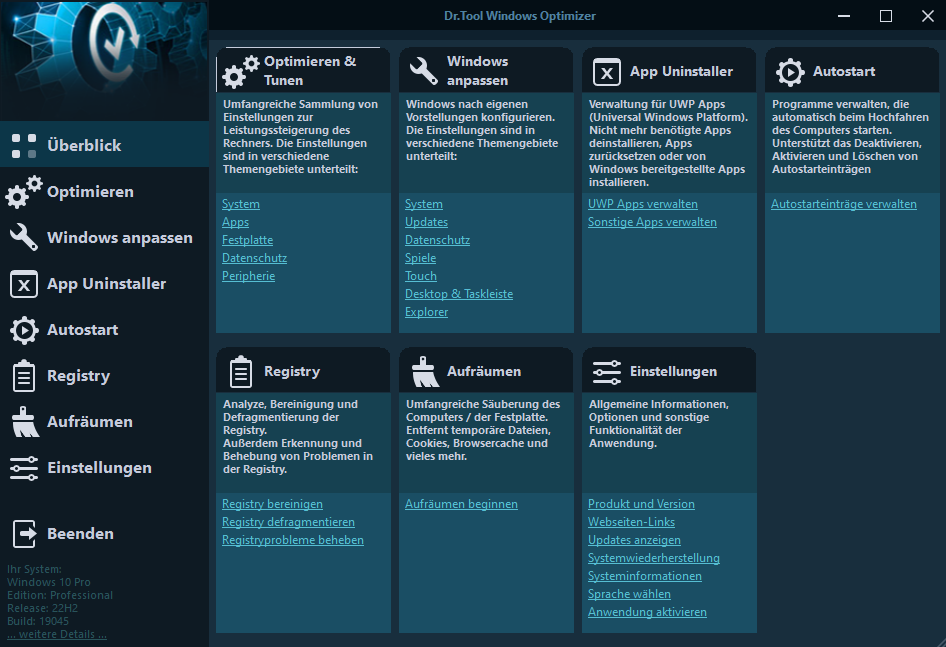 Umfangreiches Optimierungstool für Windows