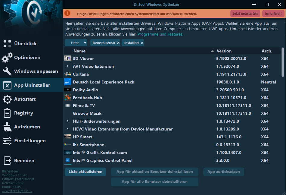 Umfangreiches Optimierungstool für Windows