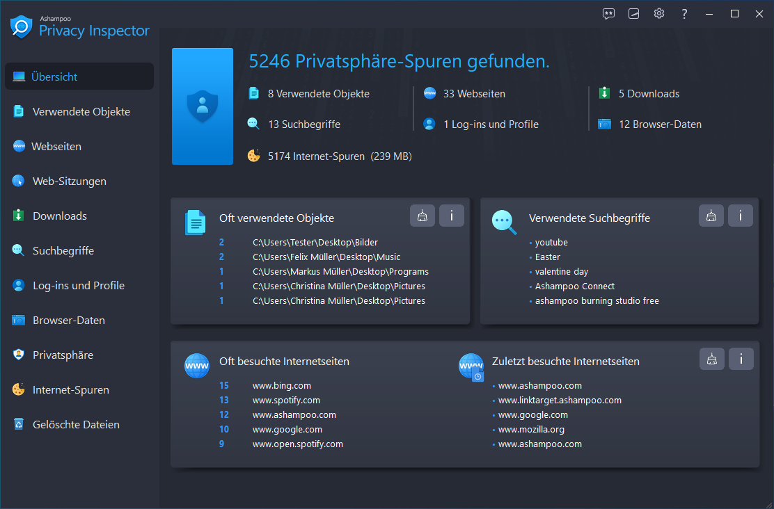 Nutzungsverhalten und Surfspuren aller Benutzerprofile analysieren und löschen